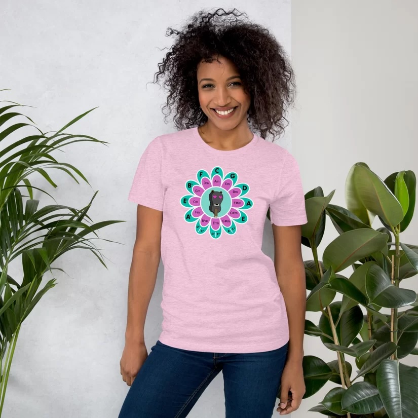 Photo of model wearing Flower Power Circle of Fifths Teach Shirt.